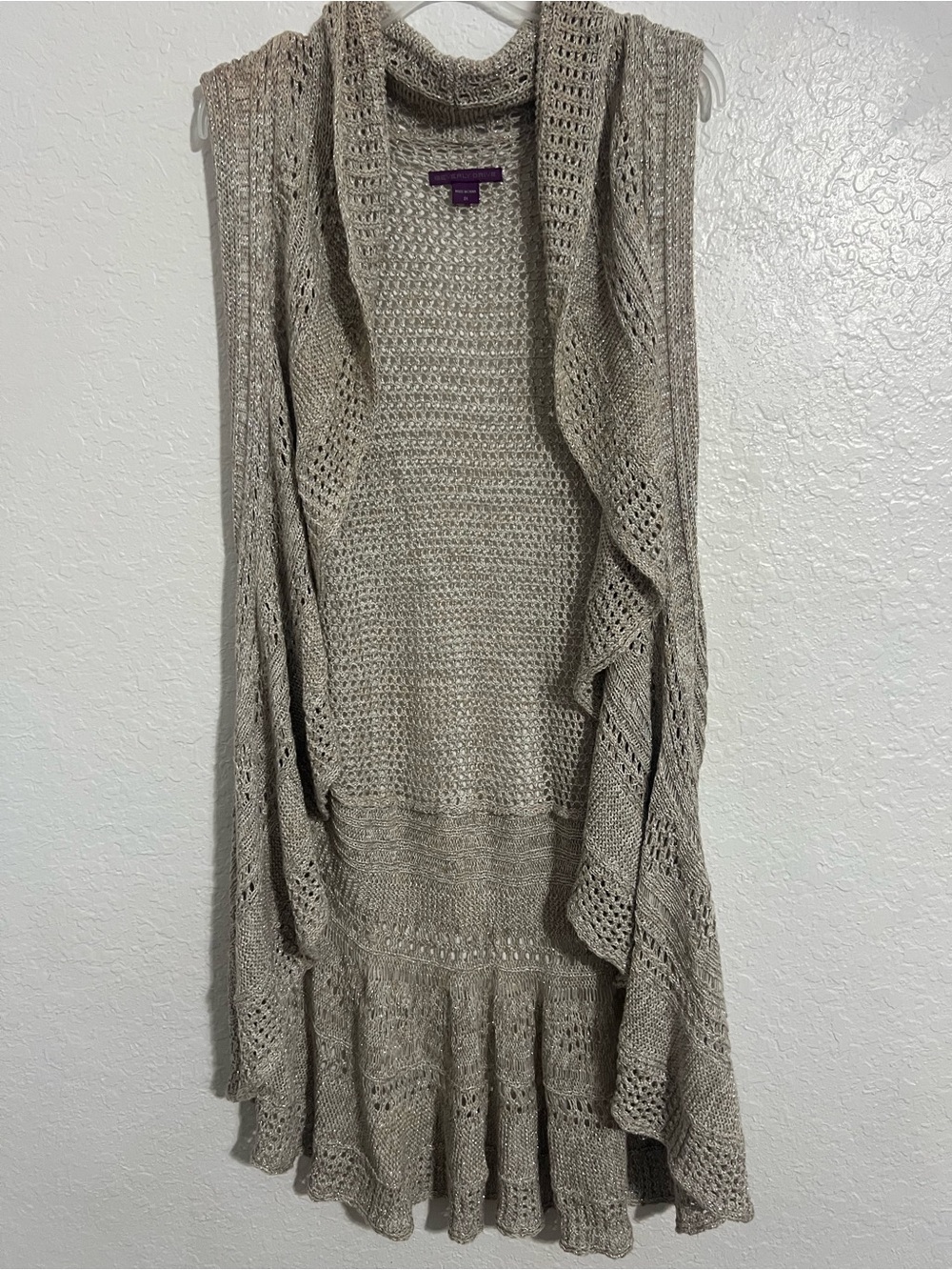 Beverly Drive Crochet Flutter Cardigan Vest Womens 2X Beige Knit Open-Front #312